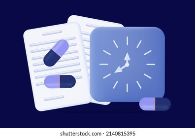 Time for pills. 3d vector illustration. Clock reminder to take medication. Proper dose, doctor's prescription rx. Timetable for the timely use of tablets. Modern pharmacy concept, health care banner. 