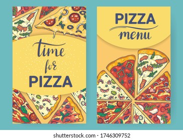 Time for pizza, Pizza Menu. Vertical backgrounds with slices of pizza