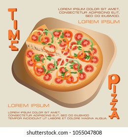 TIME FOR PIZZA. Poster. Illustration of lunch. Design for decorating menus, cookbooks, recipes, cafes, pizzerias.