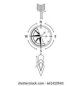 (Time and place) arrow line, compass, clock, abstraction, Vector illustration