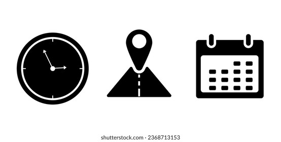 Símbolo de icono de hora, lugar y fecha, diseño de icono vector para el negocio