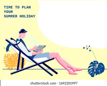 Time to plane to summet holiday. Starting web page tourist planning a summer vacation, a Man sitting on a chaise longue in a shirt and shorts and choosing a vacation on a tablet.Vector stock