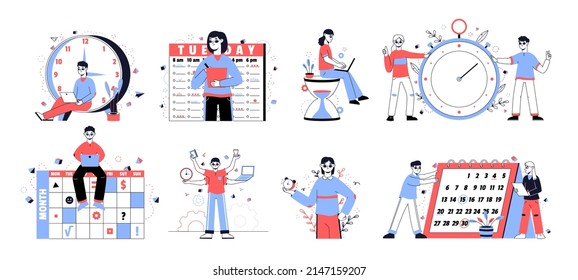 Time planner management, corporate business work schedule planning. People planning productive work schedule vector symbols illustrations set. Work schedule organizing