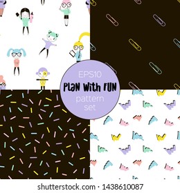 Time planner memphis style seamless pattern set. Cute children, paper clips, chocolate glaze and marker scrawl. Plan with fun decorative textures pack. Wallpaper, wrapping paper flat design