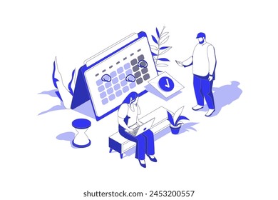 Time planning 3d isometric concept in isometry graphic design for web. People scene with team scheduling work tasks, setting goals and dating at calendar, creating daily agenda. Vector illustration.