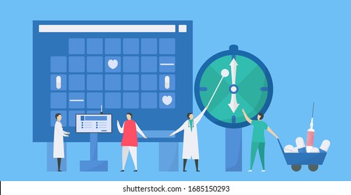 Time Planning For Appointment With Doctor. Medical Checkup Of Heart. Getting Medicine. Workflow Of Patient Care. Vector Illustration In Tiny Style.