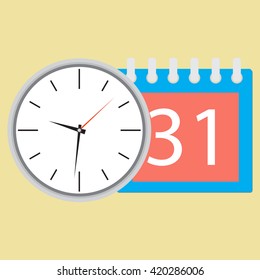 Time planning clock with calendar date. Plane and strategy,  business plan and plan icon, planning process business day and calendar time month event. Vector flat design illustration