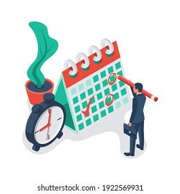 Time planning concept. Businessman is planning a job. Strategist development. Deadline for the project. Time management. Vector illustration isometric 3d design. Isolated on white background.