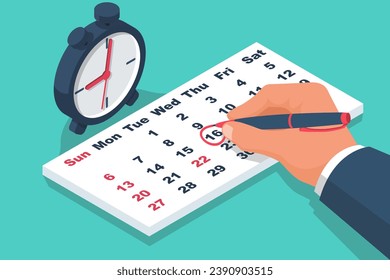 Concepto de planificación del tiempo. Empresario en un gran calendario está planeando un trabajo. Desarrollo estratégico. Plazo para el proyecto. Gestión del tiempo. Ilustración vectorial diseño isométrico 3d.