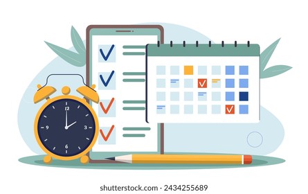 Concepto de planificación de tiempo. Relojes cerca de lista de verificación y calendario. Gestión del tiempo y organización de un proceso de trabajo eficiente. Motivación y liderazgo, programación. Ilustración de vector plano de dibujos animados