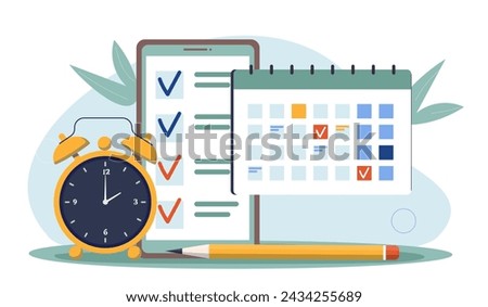 Time planning concept. Clocks near checklist and calendar. Time management and organization of efficient work process. Motivation and leadership, scheduling. Cartoon flat vector illustration