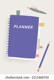 Time planning concept. Time management. Top view of notepad with word planner on desktop, pen, pencil. Vector illustration