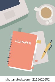 Time planning concept. Top view of notepad with word planner on desktop, pen, coffee, laptop. Vector illustration