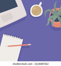 Time planning concept. Top view of notepad with word planner on desktop, laptop, pencil, coffee, sticker. Vector illustration