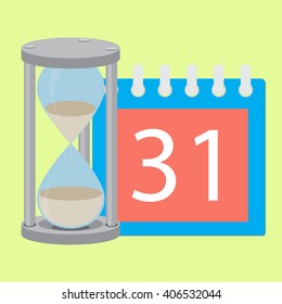 Time planning deadline hourglass and calendar. Time is money and timeline, management and time, calendar and calendar deadline, time hourglass and time running out. Vector flat design illustration