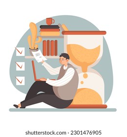 Time planning. Focused young male remote worker with sheet of paper in hand looking at laptop screen while sitting on floor next to huge sandglass. Flat vector illustration