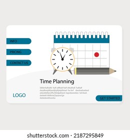 Time planning fot business, optimization of workflow and control time landing page. Vector illustration. Planning banner, web work, business concept calendar, organize deadline, team time line