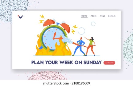 Time Planning Landing Page Template. Office Man and Woman Extinguish Huge Burning Clock with Water Hose. Tiny Characters Trying to Fighting with Blazing Alarm Clock. Cartoon People Vector Illustration