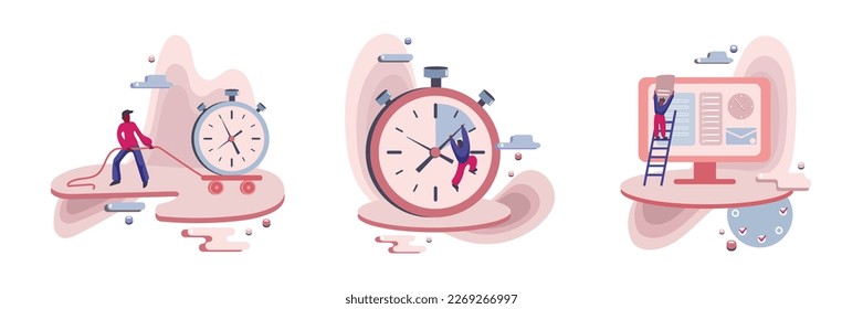 Planificación del tiempo, progreso y trabajo duro gráfico vectorial plano. Niño tirando de un reloj pesado, persona tratando de detener el juego de arte plano del reloj. Hombre con lista de tareas sobre el concepto de dibujos animados de monitores gigantes