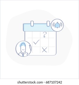 Processo de planejamento de tempo, calendário pessoal de eventos com lembrete. Conceito de ilustração UI UX de linha plana para web e design móvel. Vetor isolado.