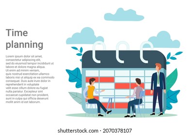 Time planning, To-do list, time control, task completed.People next to a large to-do list.Poster in business style.Vector illustration.