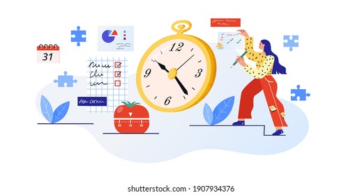 Time planning vector illustration. A young woman controls and manages the business process. Efficient and productive work concept