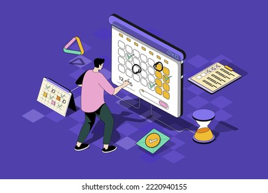 Time planning web concept in 3d isometric design. Man setting priority tasks, marks meetings and makes notes on calendar, workflow management. Vector web illustration with people isometry scene