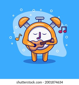 Hora De Reproducir Ilustración De Icono De Vector De Guitarra. Caricatura de la mascota del reloj de alarma. Reloj de alarma Concepto Blanco aislado. Estilo de caricatura plano adecuado para la página de aterrizaje web, pancarta, volante, adhesivo, tarjeta