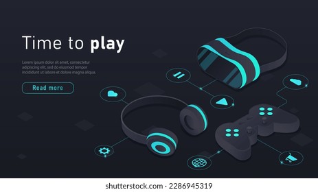 Zeit zum Spielen. Joystick, Virtual-Reality-Brille und drahtlose Kopfhörer. Videogame Konsole, Controller und Gamepad via Internet verbunden. Landing Page Design. Cartoon isometrische Vektorgrafik