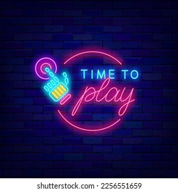Time to play neon label on brick wall. Light label. Robotic arm pushing button. Glowing advertising. Game design. Virtual reality concept. Shiny logotype. Vector stock illustration