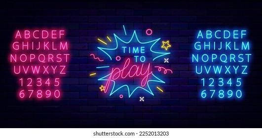 Time to play neon sign on brick wall. Light label. Boom confetti. Luminous blue and pink alphabet. Glowing advertising. Game design. Virtual reality concept. Shiny logotype. Vector stock illustration