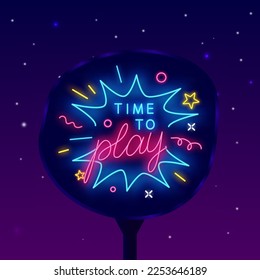 Time to play neon street billboard. Light label. Boom confetti. Glowing outdoor advertising. Game design. Virtual reality concept. Shiny banner. Vector stock illustration