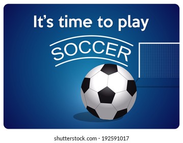 it's time to play soccer, close-up view of the soccer ball and in the distance the football goal on blue gradient background