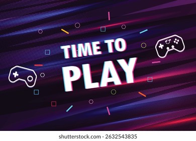 It's time to play text with game controller on abstract gaming background with blue, pink, purple lights.