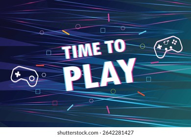 It's time to play text with game controller on abstract gaming background with blue, pink, purple lights.