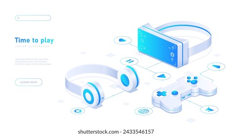 Time to play white poster. Gamepad, joystick and vr glasses. Modern technologies and innovations. Gadgets and devices. Landing webpage design. Neon isometric vector illustration