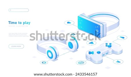 Time to play white poster. Gamepad, joystick and vr glasses. Modern technologies and innovations. Gadgets and devices. Landing webpage design. Neon isometric vector illustration