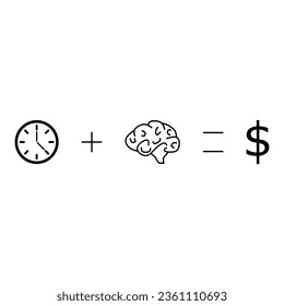 Time plus brain equals money on white background.
