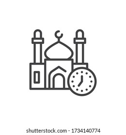 Time to pray line icon. Ramadan kareem linear style sign for mobile concept and web design. Mosque building and clock outline vector icon. Symbol, logo illustration. Vector graphics