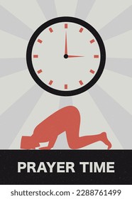 it's time to praying. prayer time. prostrate pose with clock on the top . direction afternoon time in three o'clock. vintage retro illustration. Islamic vector. Muslim red silhouette doing praying