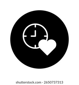 O tempo é precioso: o coração ao lado do relógio dentro do círculo preto mostra o amor dos prazos e a pontualidade