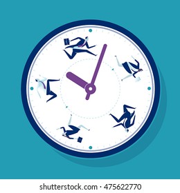 Time pressure. Business team is hurrying around a clock face. Business vector illustration