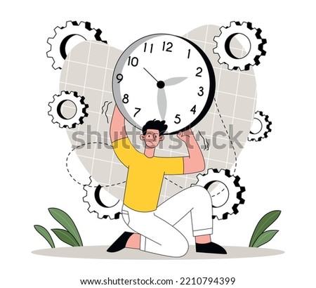 Time pressure concept. Man sits and holds watch in his hands. Time management and deadline. Emotional burnout and tired worker. Inefficient workflow, lazy employee. Cartoon flat vector illustration