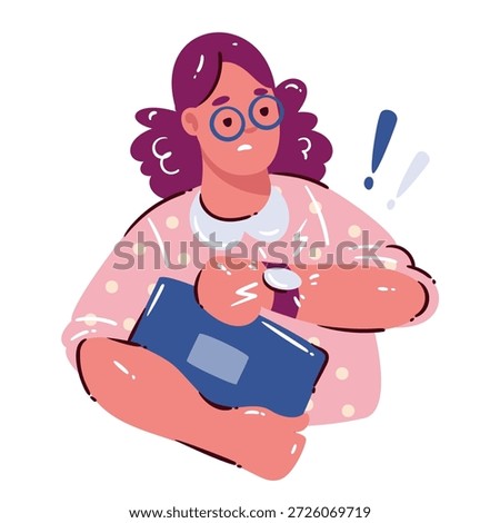 Time pressure late woman checking watch and holding notebook. Sudden realization, deadline anxiety, missed time, urgency, work productivity problem. Cartoon vector illustration, isolated.