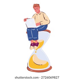 Homem de pressão do tempo sentado na ampulheta com laptop. Estresse no prazo, tempo de espera, fluxo de trabalho lento, atraso de trabalho, problema de produtividade, rotina de negócios. Estilo de desenho animado plano. Ilustração vetorial, isolada.