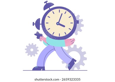 Presión de tiempo, sobrecarga, concepto de agotamiento del trabajo. Hombre de negocios estresado joven que lleva el reloj pesado grande en su espalda que se siente sobrecargado de tareas diarias con la Ilustración vectorial difícil de la carga