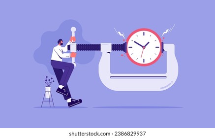 Time pressure or running out of time or anxiety to finish work within aggressive deadline or time management concept, businessman apply pressure to clock with a vise grip