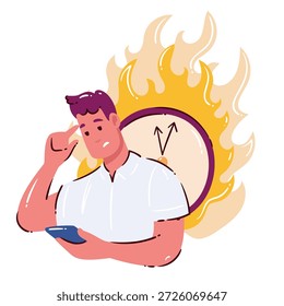 Hombre de pensamiento de presión de tiempo que sostiene el teléfono con el reloj ardiente detrás. Urgencia, estrés en los plazos, sobrecarga mental, tiempo perdido, problema de productividad. Ilustración vectorial de dibujos animados, aislado.