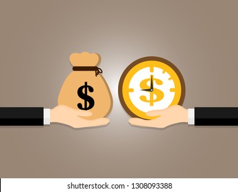 Time process and money bag hold on hand the business man  , success profit concept and saving for investment and saving for the future. - Vector