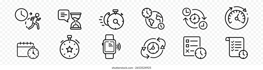 Tempo, Produtividade e Deadline Icon Set, ícone pacote de gerenciamento de tempo, ícones de produtividade incluindo temporizadores, calendários, relógios, programações, prazos, alarmes, relógios mundiais para fluxo de trabalho, tarefa